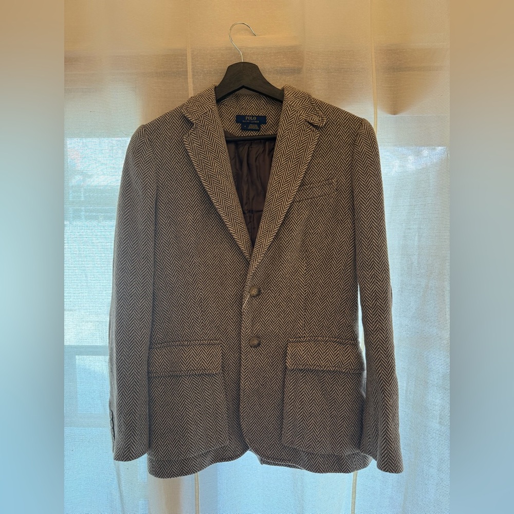 VINTAGE POLO RALPH LAUREN HERRINGBONE WOOL COTTON BROWN TAN BLAZER JACKET SZ 4